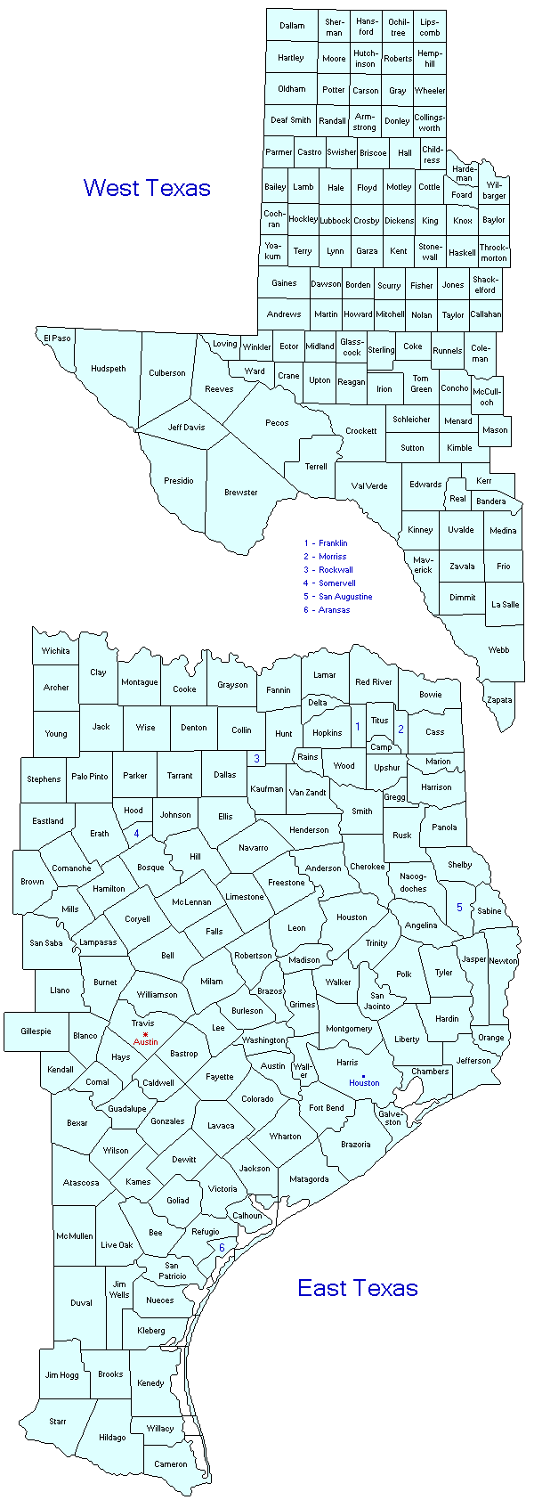 Texas County Outline Map.